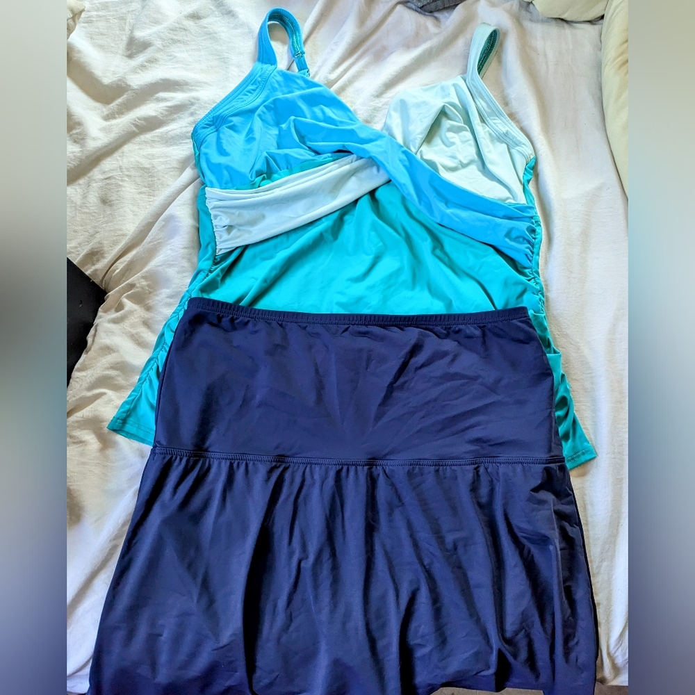 Women's Lands End Wrap Underwire Tankini Swimsuit Top & Tummy Control Swimskirt
